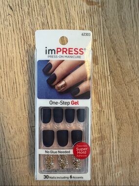 imPRESS One-Step Gel Press-On Manicure Nails —Navy with Gold Glitter Accents